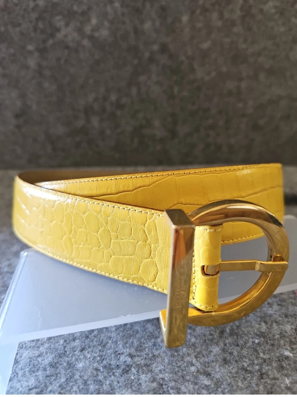 Salvatore Ferragamo Yellow Croc-Embossed Leather Belt with Gold Gancini Buckle